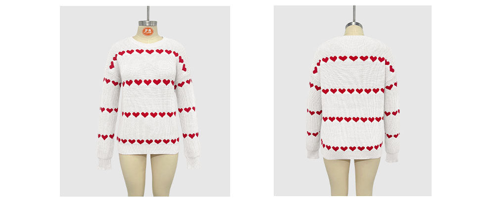 Heart Jacquard Crew Neck Pullover Sweater - White - 1