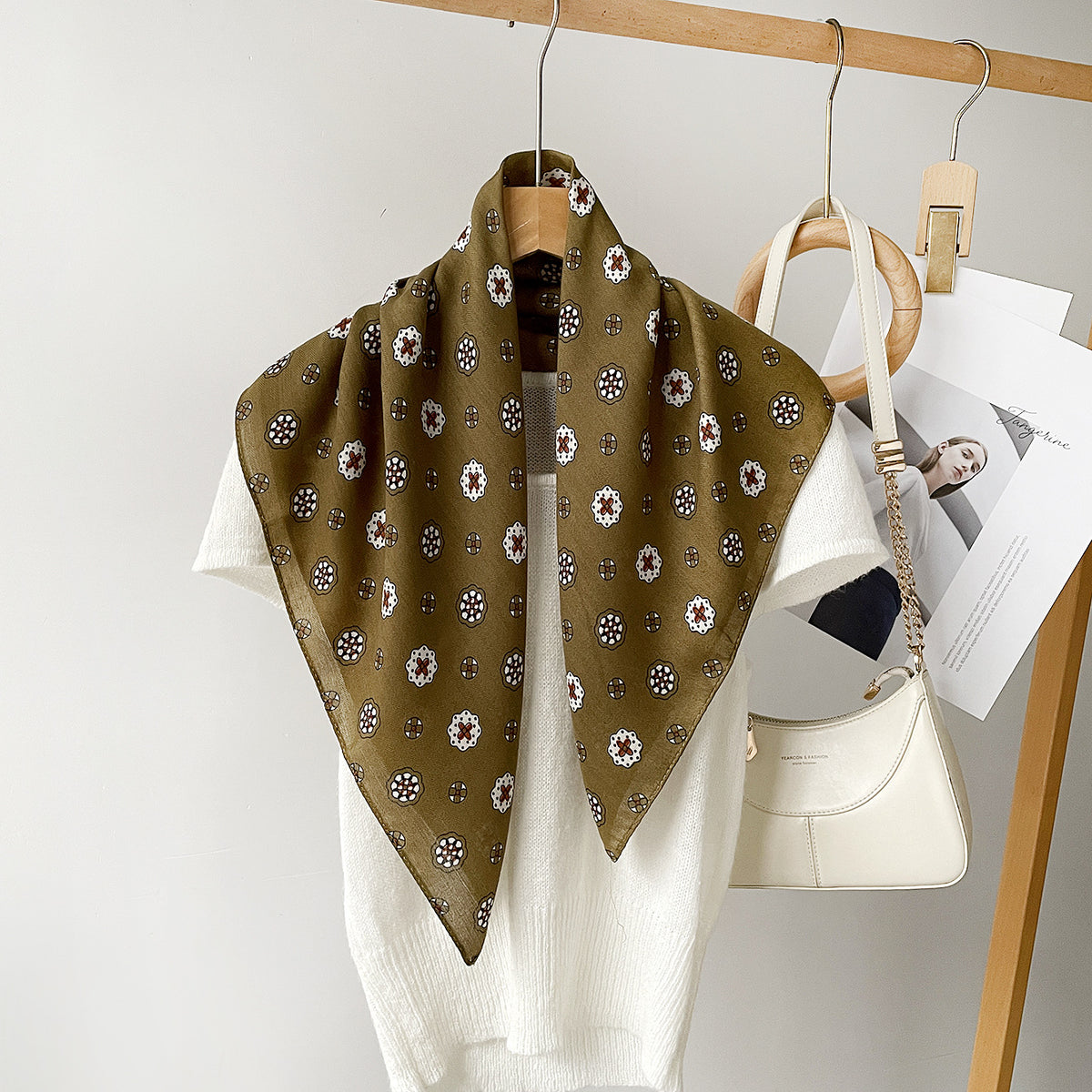 Ditsy Floral Dot Square Bandana Scarf - Brown