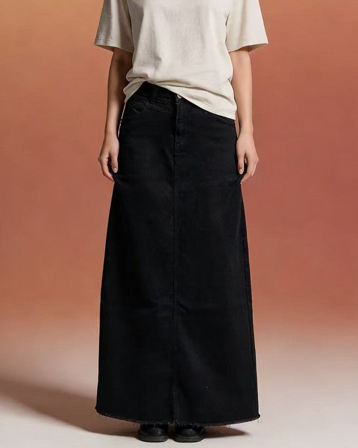 High Waist Denim Column Maxi Skirt - Black