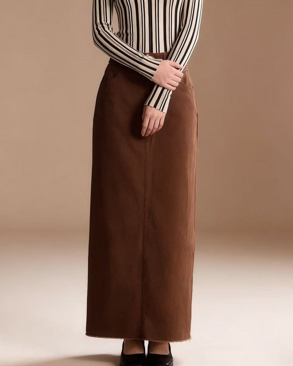 High Waist Denim Column Maxi Skirt - Coffee