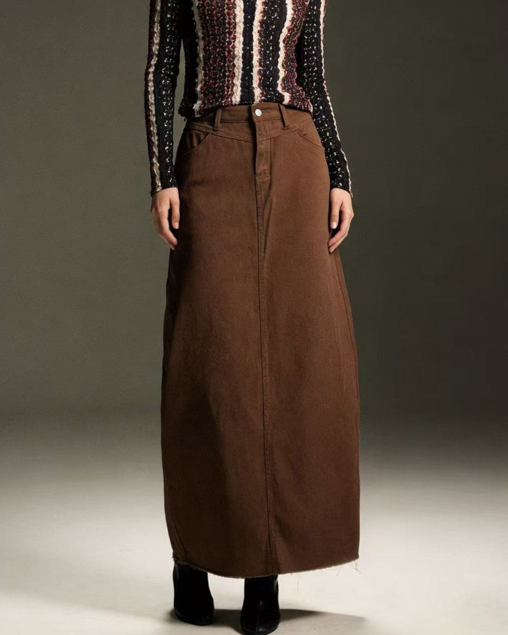 High Waist Denim Column Maxi Skirt - Coffee - 1