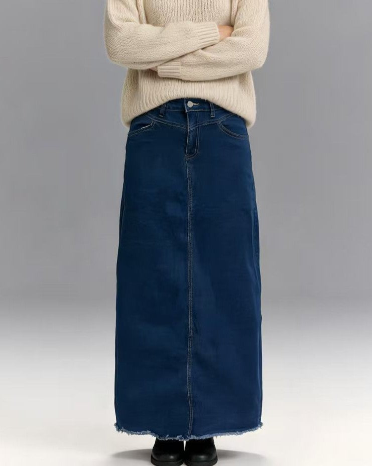 High Waist Denim Column Maxi Skirt - Dark-Blue