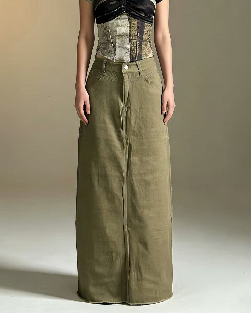 High Waist Denim Column Maxi Skirt - MGreen