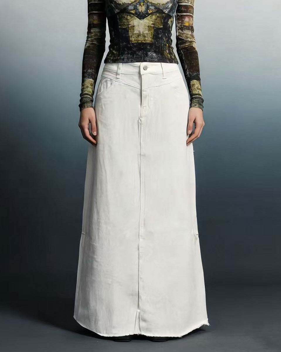High Waist Denim Column Maxi Skirt - White