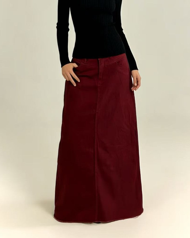 High Waist Denim Column Maxi Skirt - Wine-Red