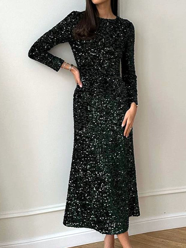 Sequin Long Sleeve Ruched Midi Dress - Black