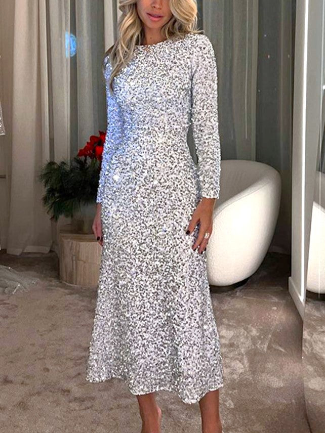 Sequin Long Sleeve Ruched Midi Dress - Silvery