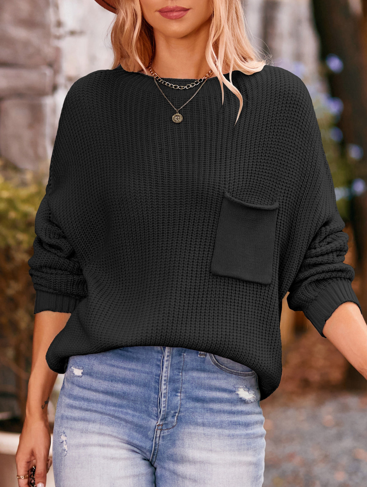 Ribbed Patch Pocket Batwing Sweater - Black