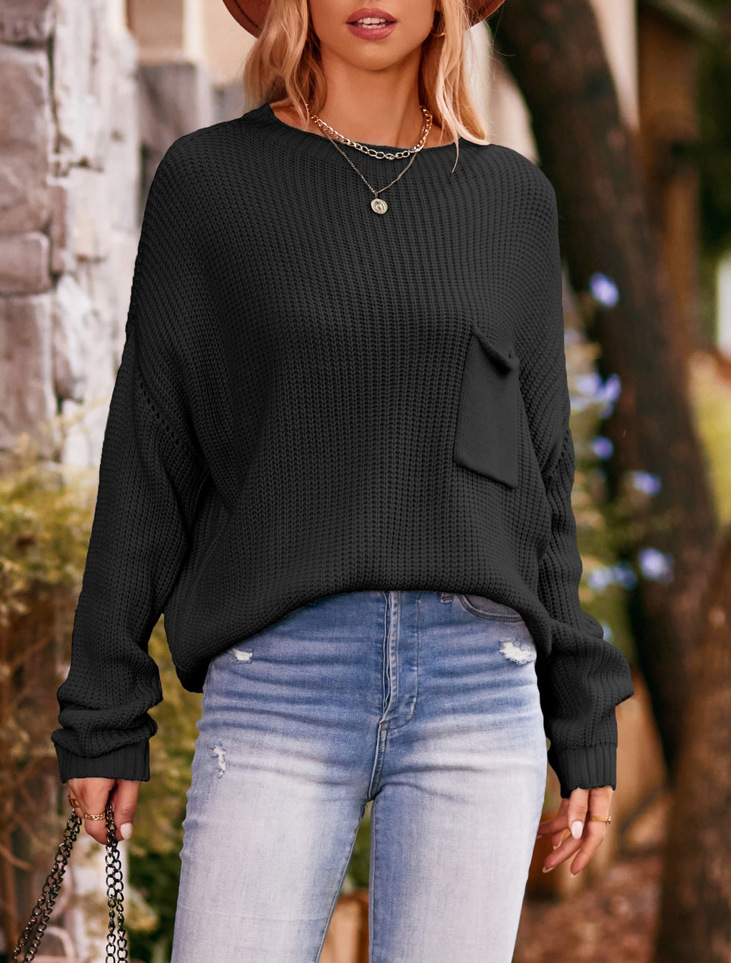 Ribbed Patch Pocket Batwing Sweater - Black - 1