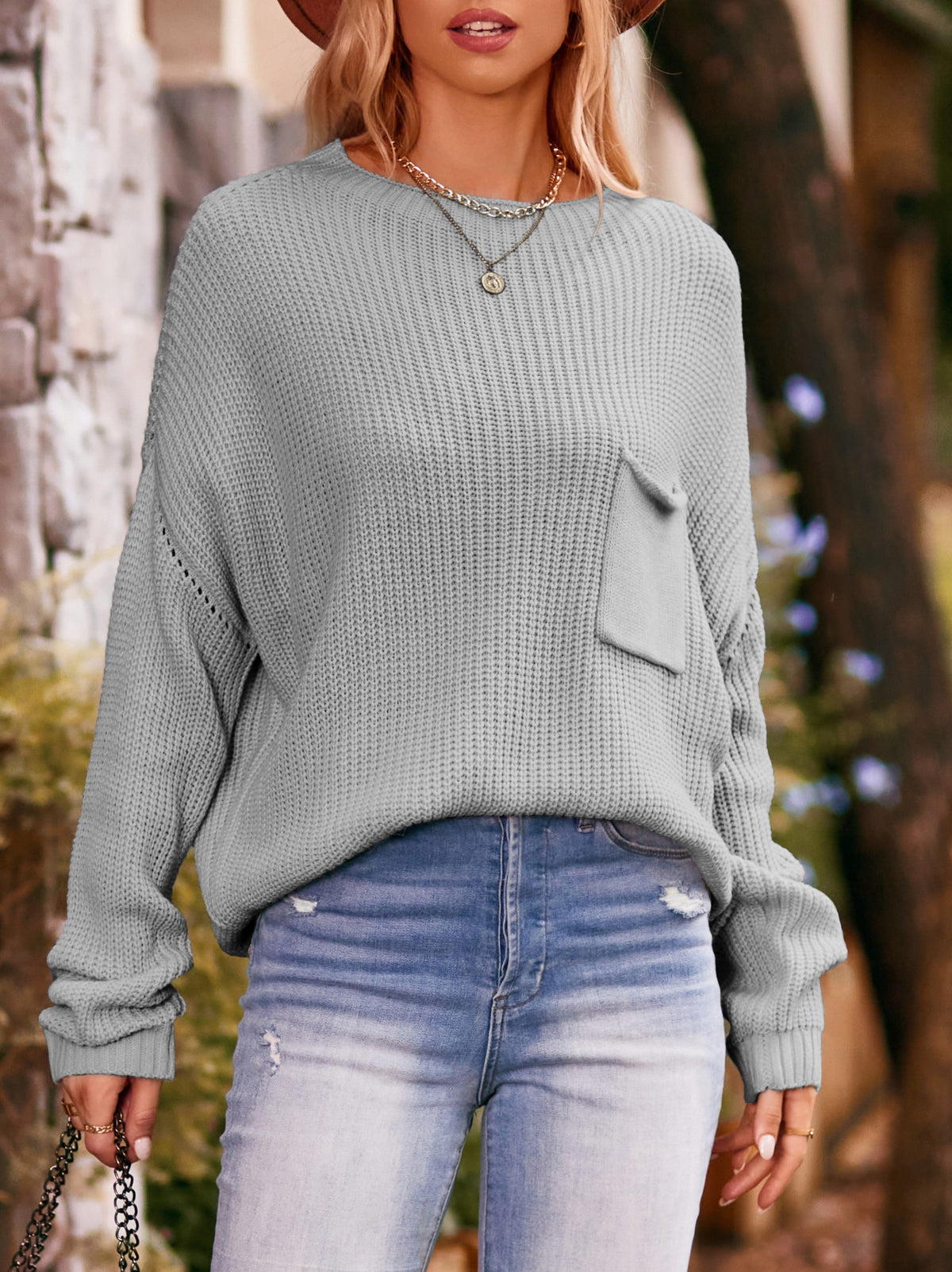 Ribbed Patch Pocket Batwing Sweater - Grey - 1