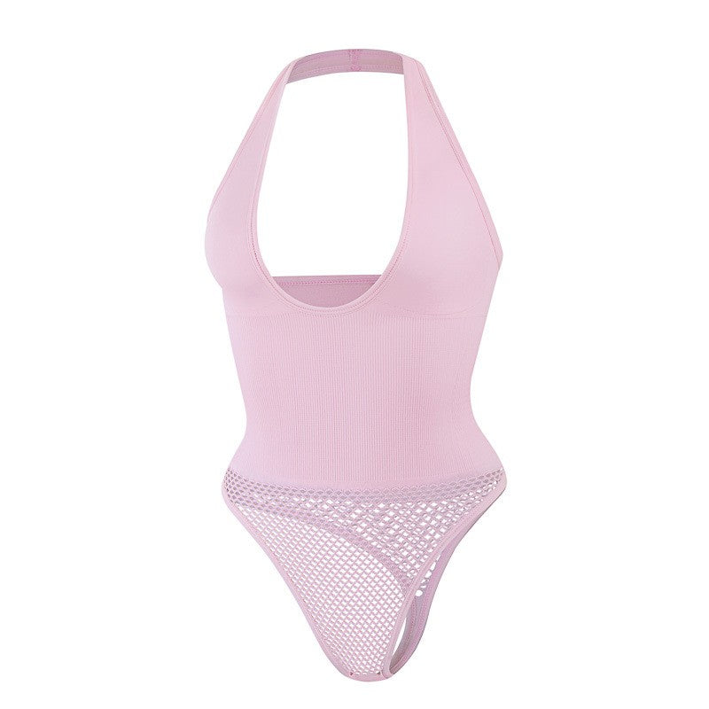 Seamless Ribbed Halter Fishnet Thong Shaping Bodysuit - Pink