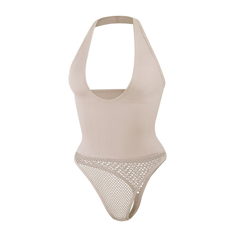 Seamless Ribbed Halter Fishnet Thong Shaping Bodysuit