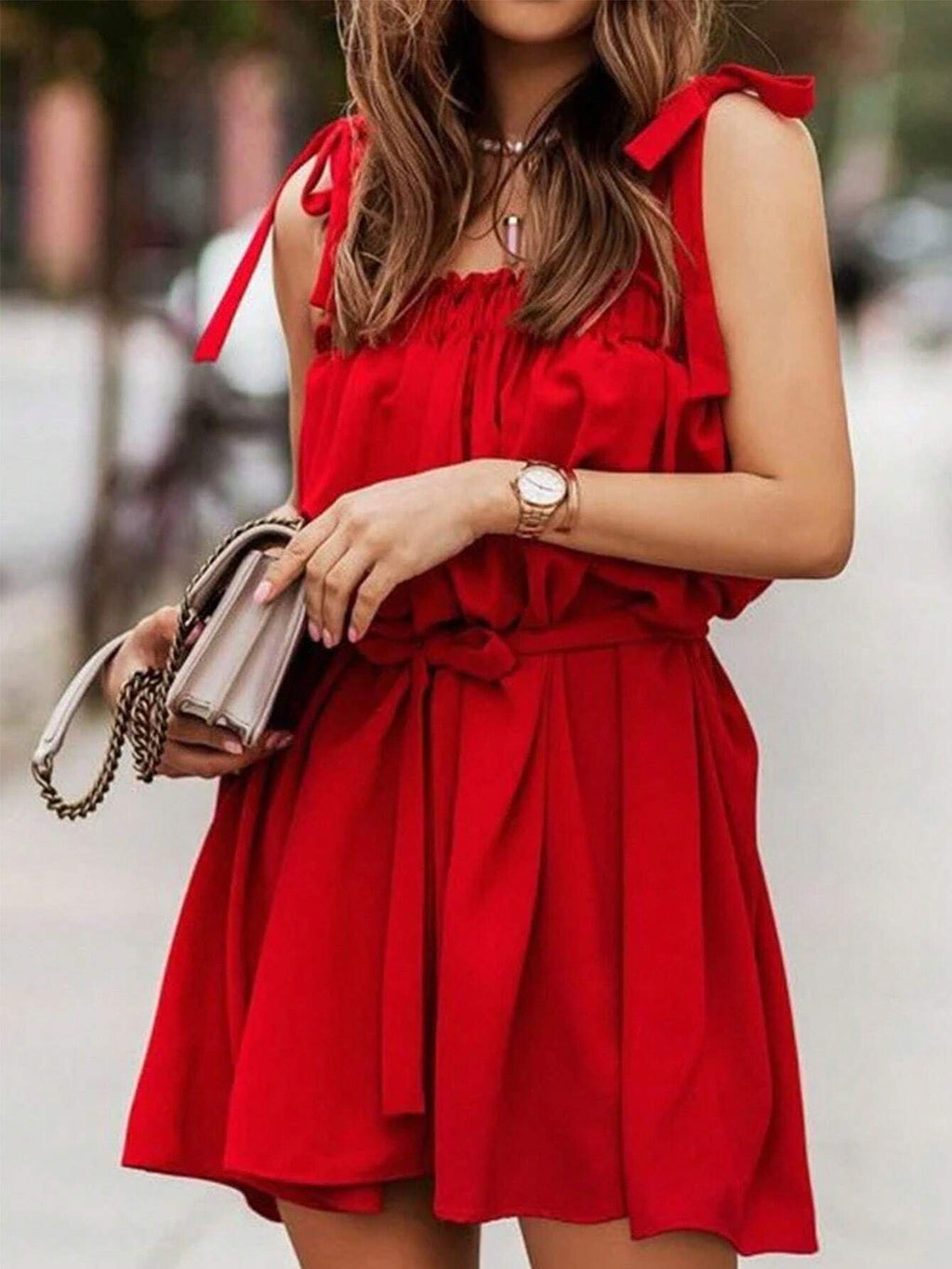 Off Shoulder Tie Strap Ruffle Mini Dress - Red