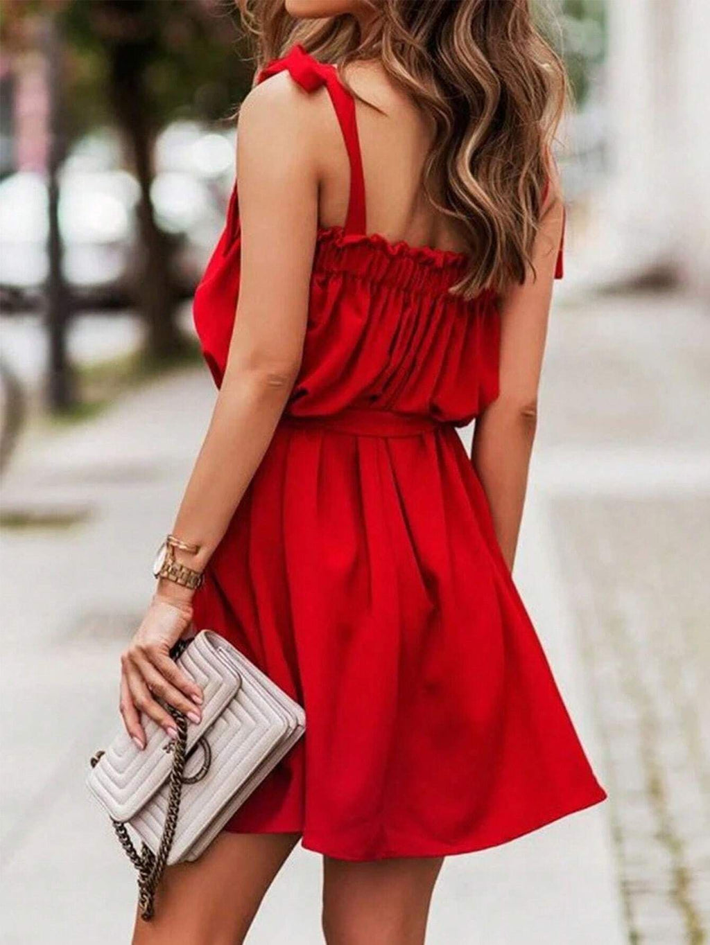 Off Shoulder Tie Strap Ruffle Mini Dress - Red - 1