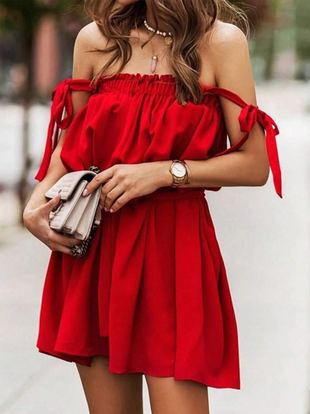 Off Shoulder Tie Strap Ruffle Mini Dress - view 1