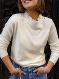 Lace Trim Collar Button Shoulder Sweater - Beige