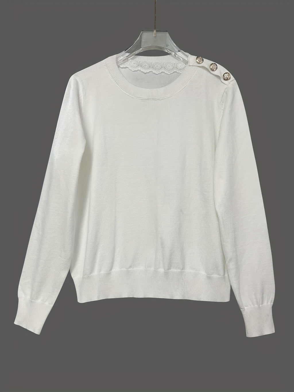 Lace Trim Collar Button Shoulder Sweater - Beige - 1