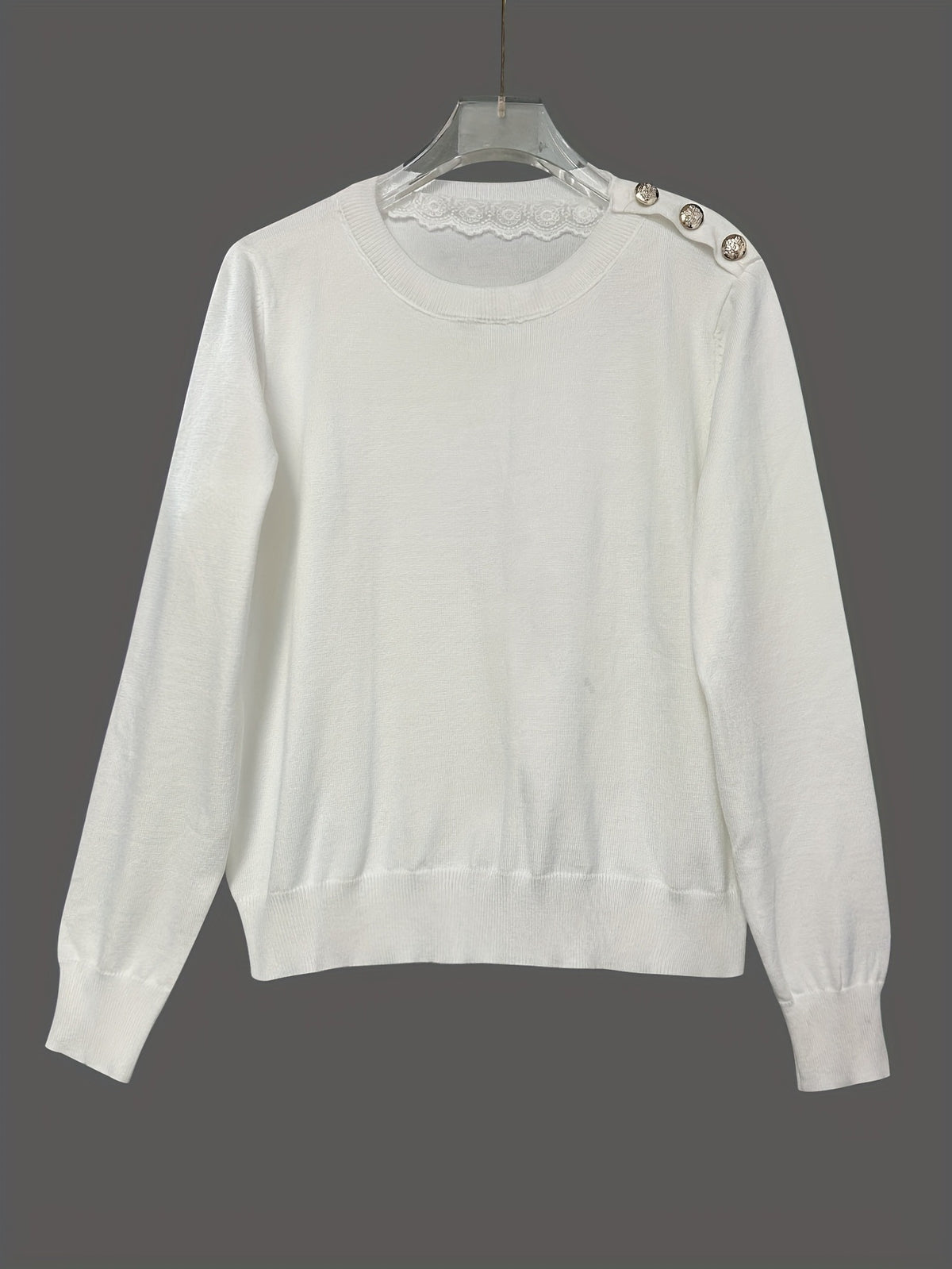 Lace Trim Collar Button Shoulder Sweater - Beige - 1