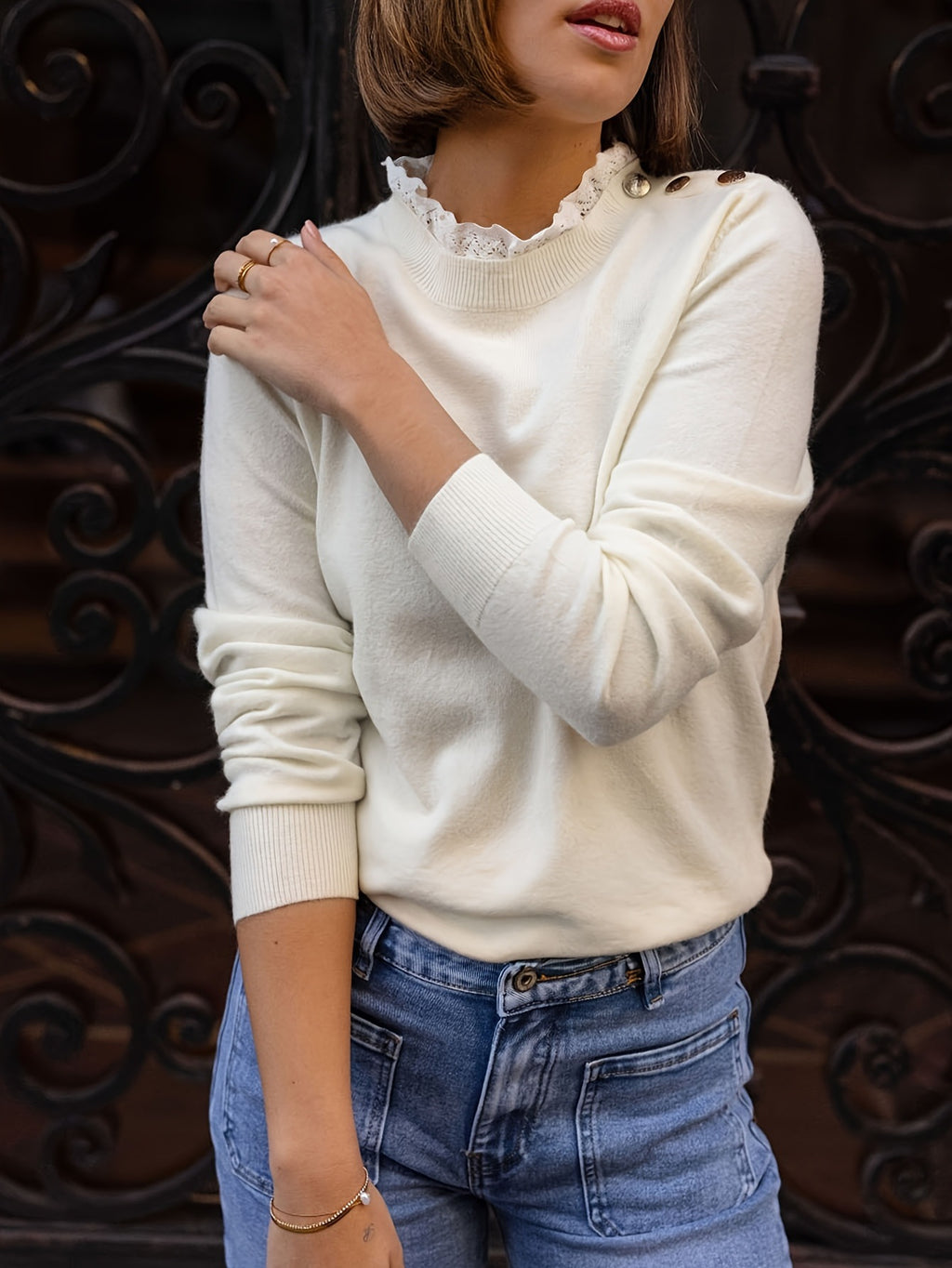 Lace Trim Collar Button Shoulder Sweater - Beige - 4