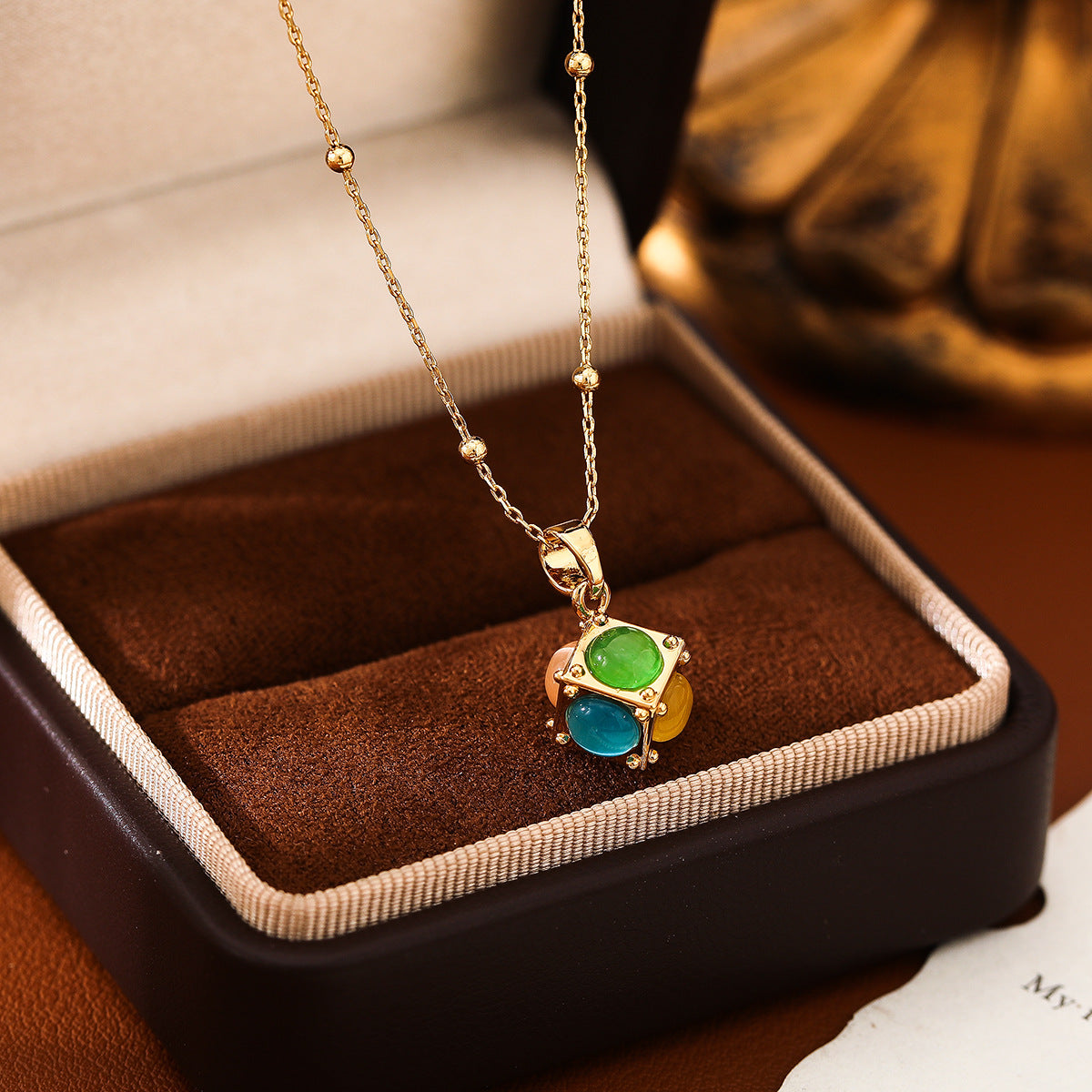 Cat Eye Cube Pendant Necklace and Earrings - Necklace