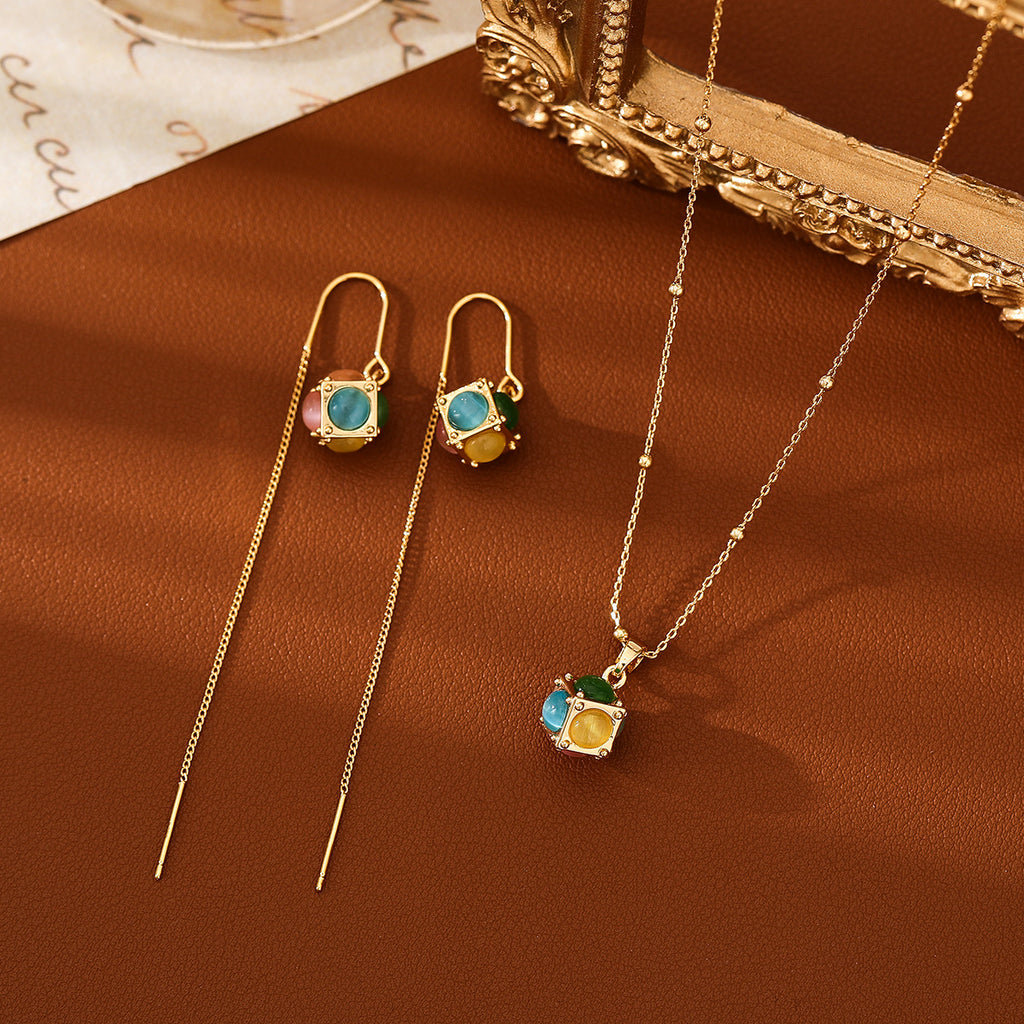 Cat Eye Cube Pendant Necklace and Earrings - view 2