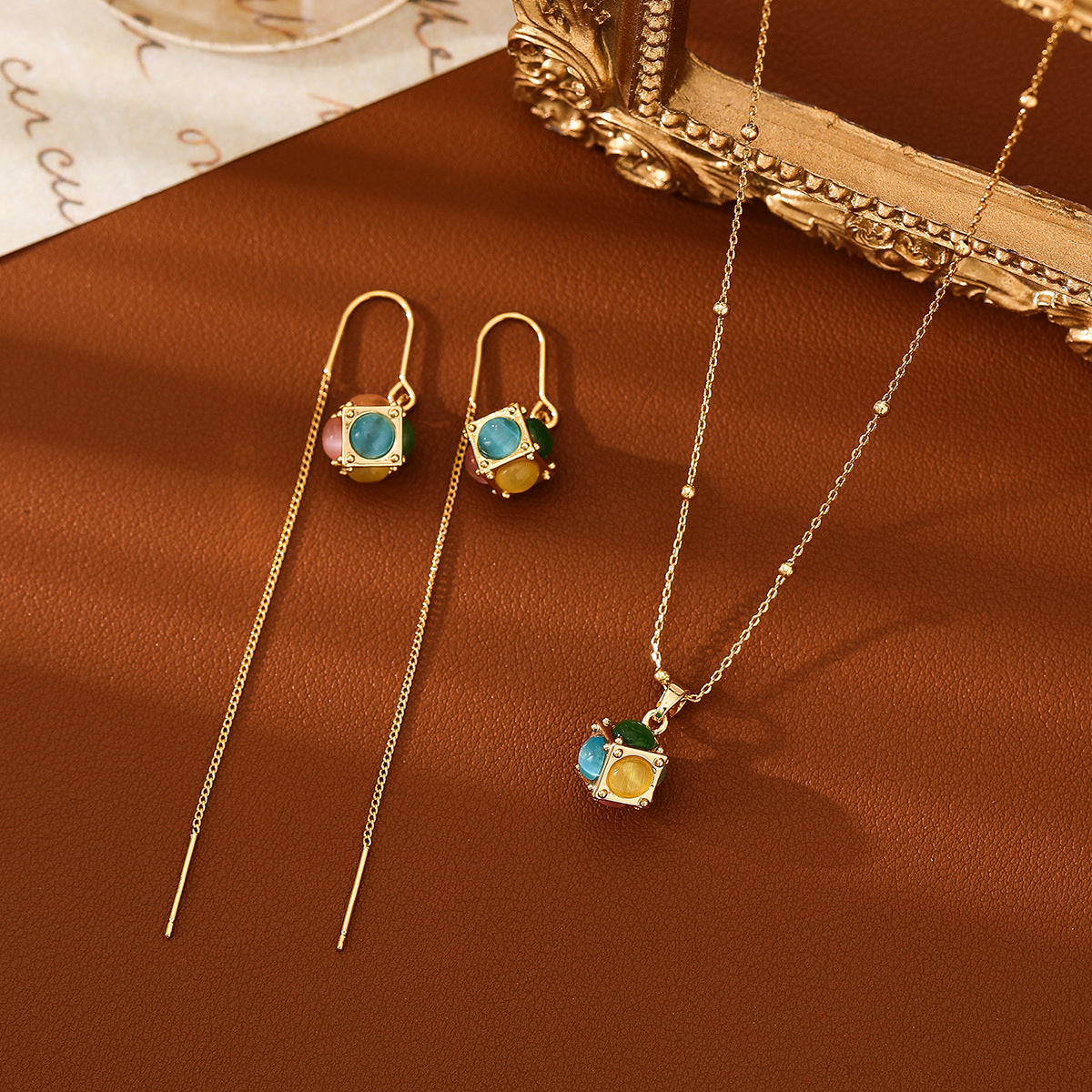 Cat Eye Cube Pendant Necklace and Earrings - view 2