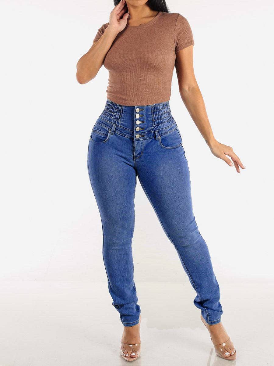 Corset Waist Button Fly Skinny Jeans - Blue