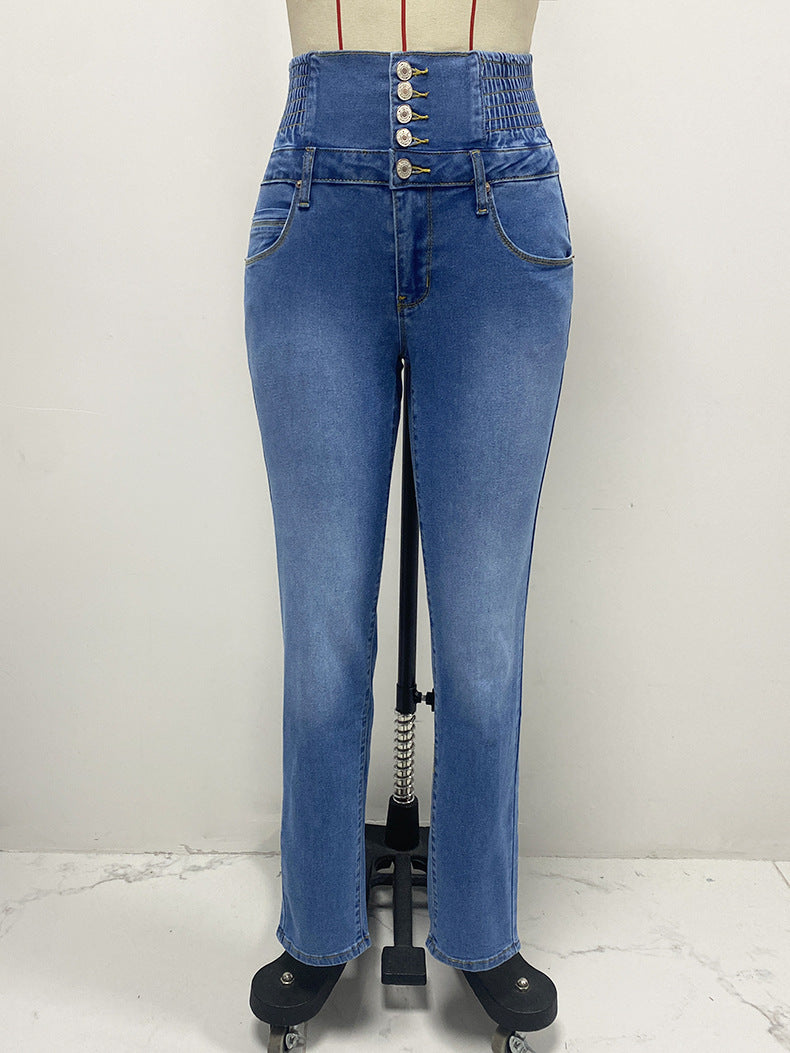 Corset Waist Button Fly Skinny Jeans - Blue - 1