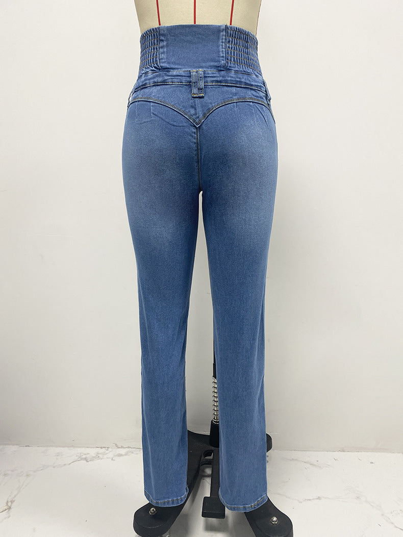Corset Waist Button Fly Skinny Jeans - Blue - 2