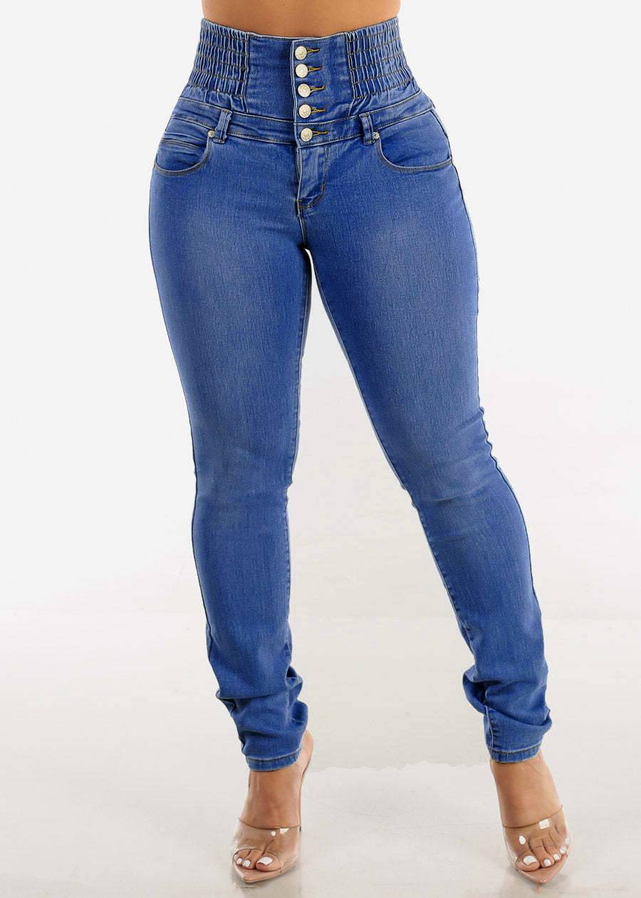 Corset Waist Button Fly Skinny Jeans - Blue - 3