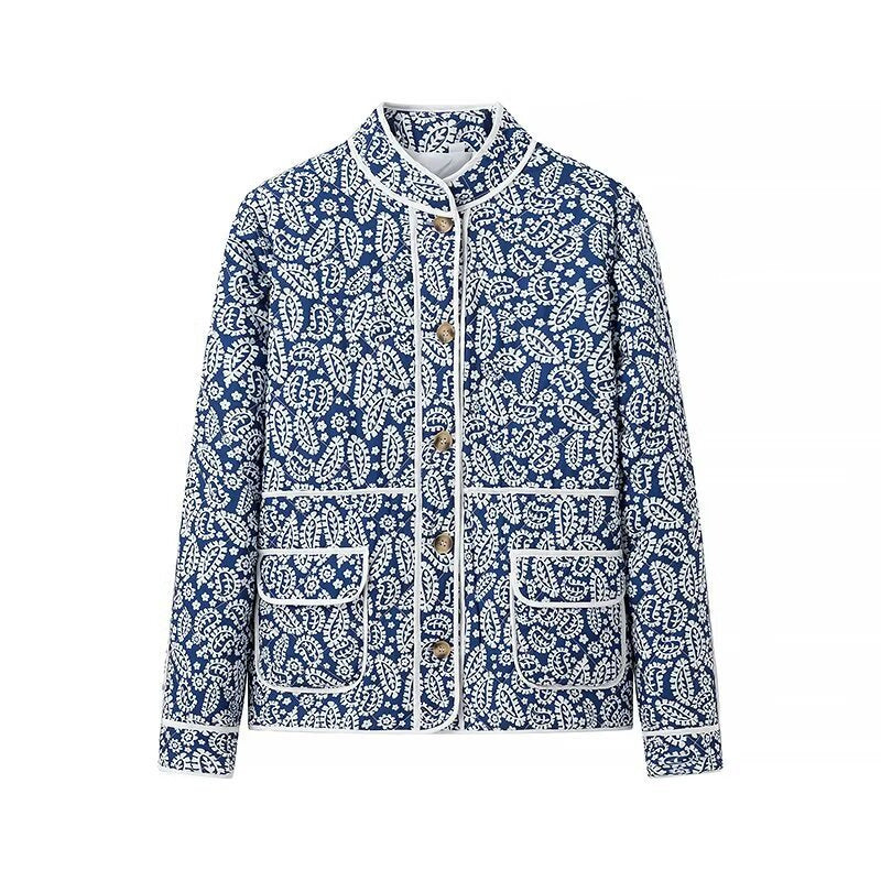 Block Print Quilted Jacket With Contrast Piping - Blue