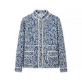 Block Print Quilted Jacket With Contrast Piping - Blue