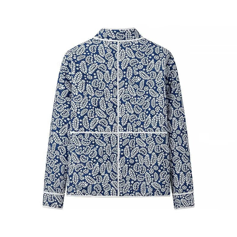 Block Print Quilted Jacket With Contrast Piping - Blue - 1