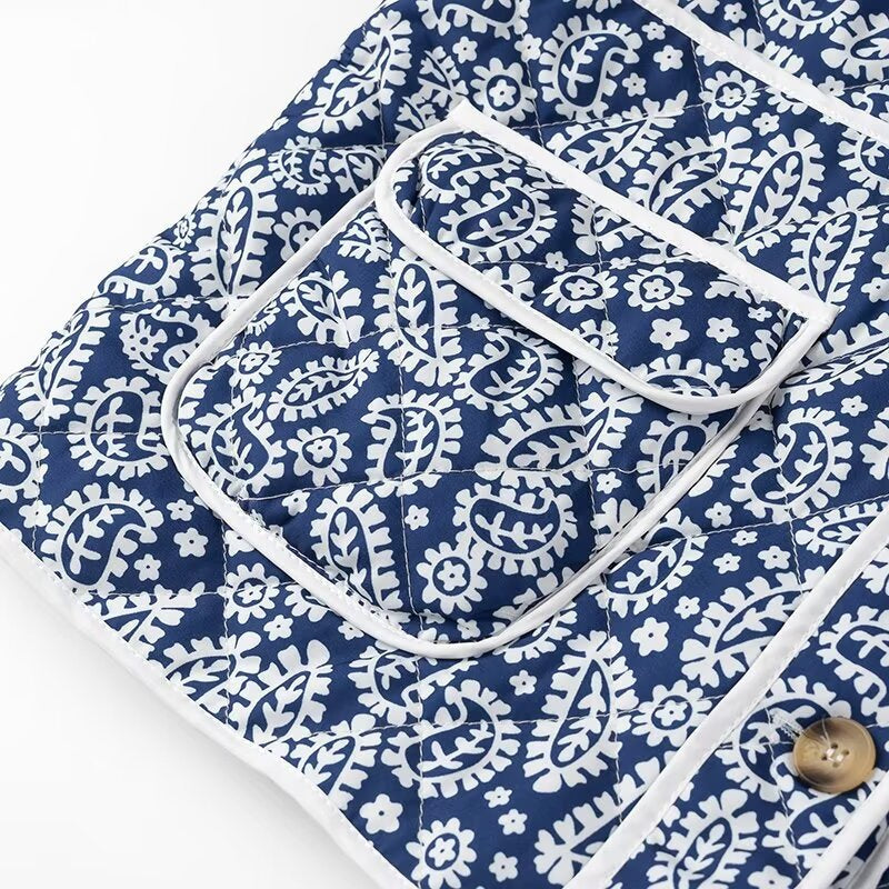 Block Print Quilted Jacket With Contrast Piping - Blue - 2