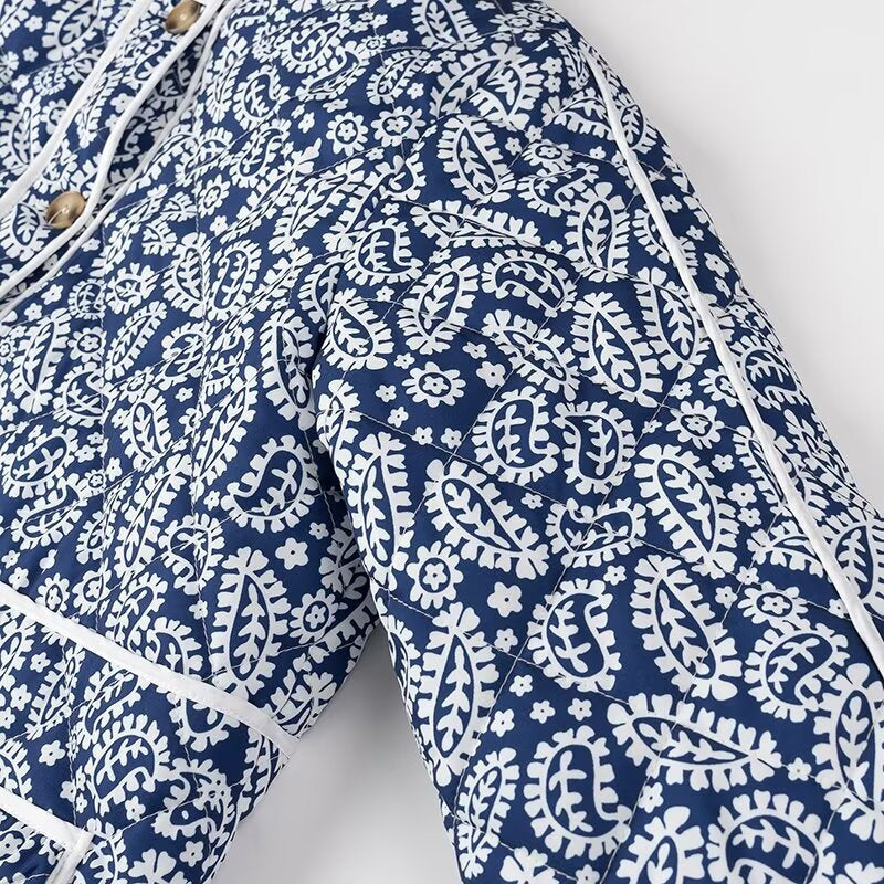 Block Print Quilted Jacket With Contrast Piping - Blue - 3