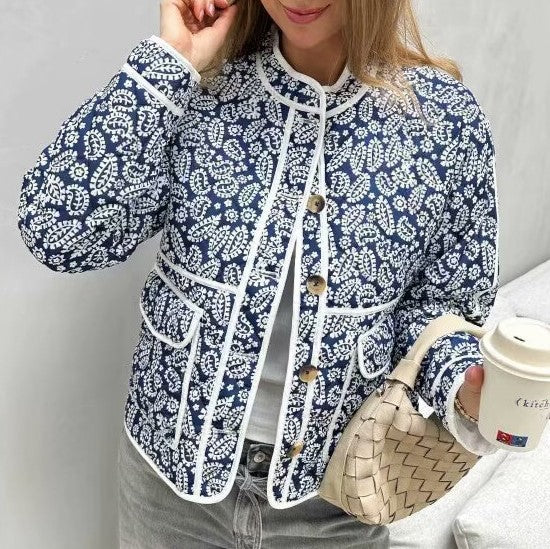 Block Print Quilted Jacket With Contrast Piping - Blue - 4