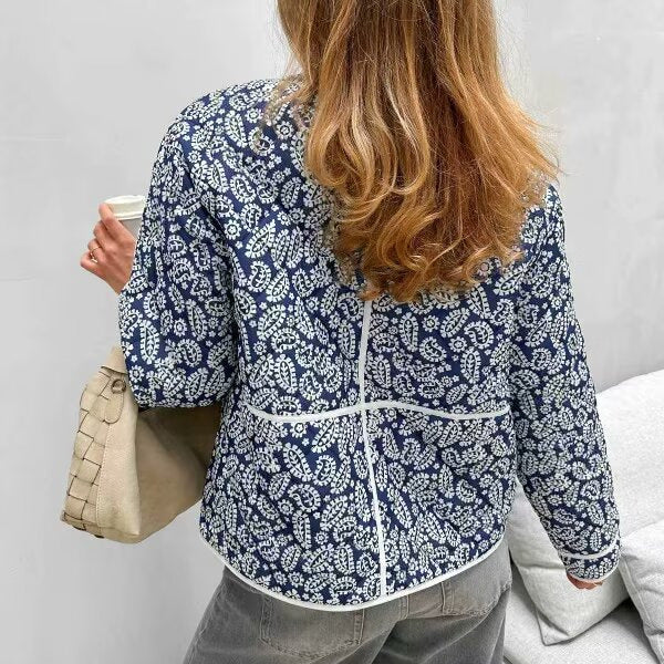 Block Print Quilted Jacket With Contrast Piping - Blue - 5