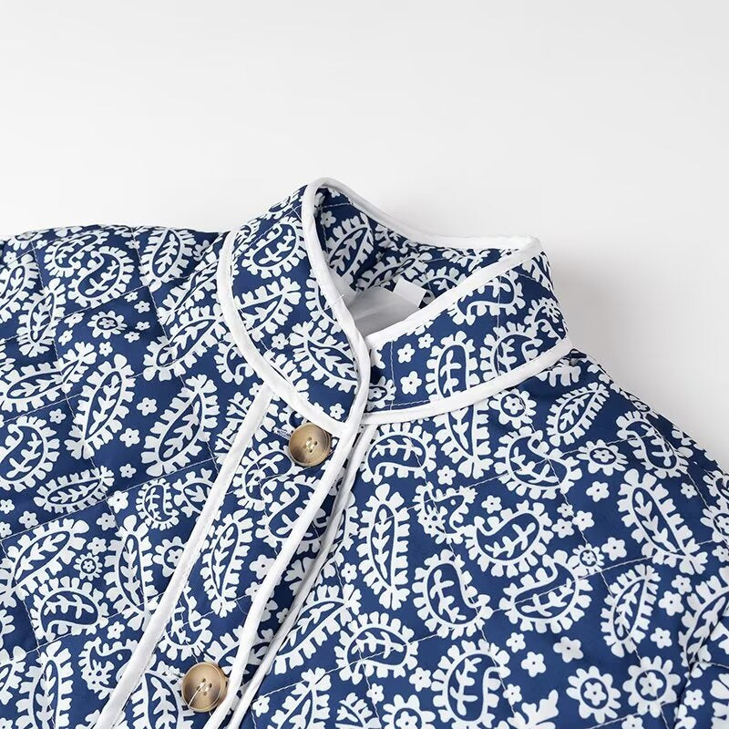 Block Print Quilted Jacket With Contrast Piping - Blue - 6