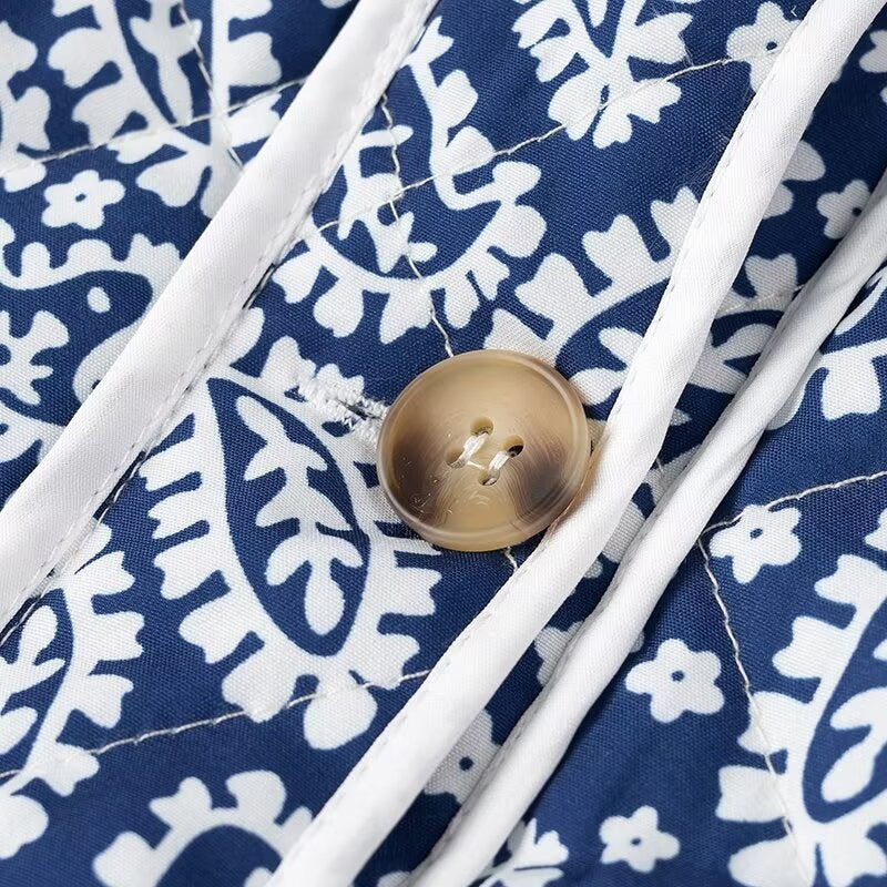 Block Print Quilted Jacket With Contrast Piping - Blue - 7