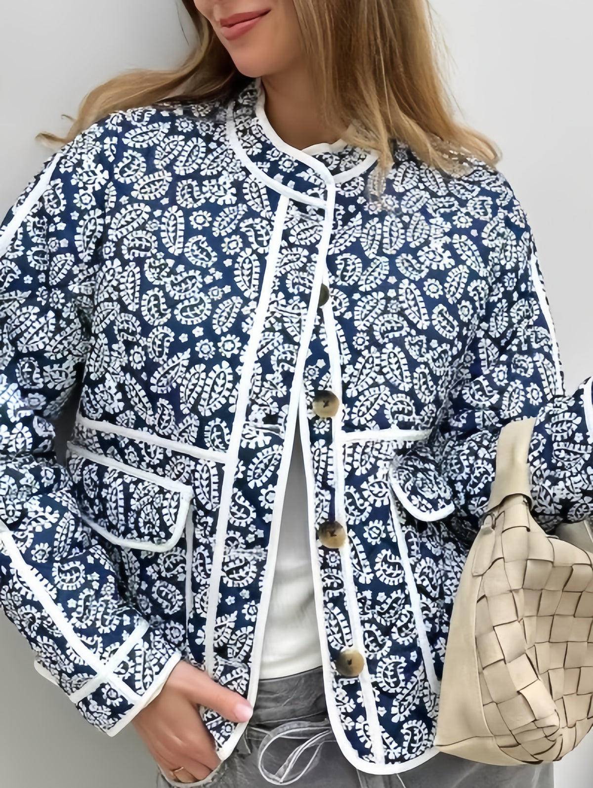 Block Print Quilted Jacket With Contrast Piping - view 1