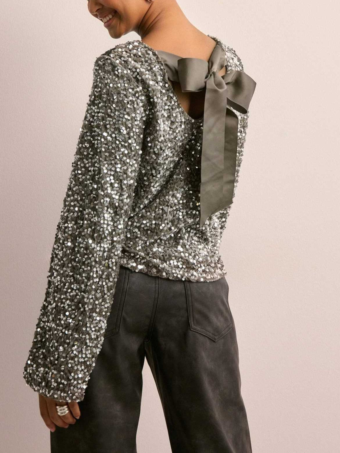 Sequin Bow Back Long Sleeve Top - Grey