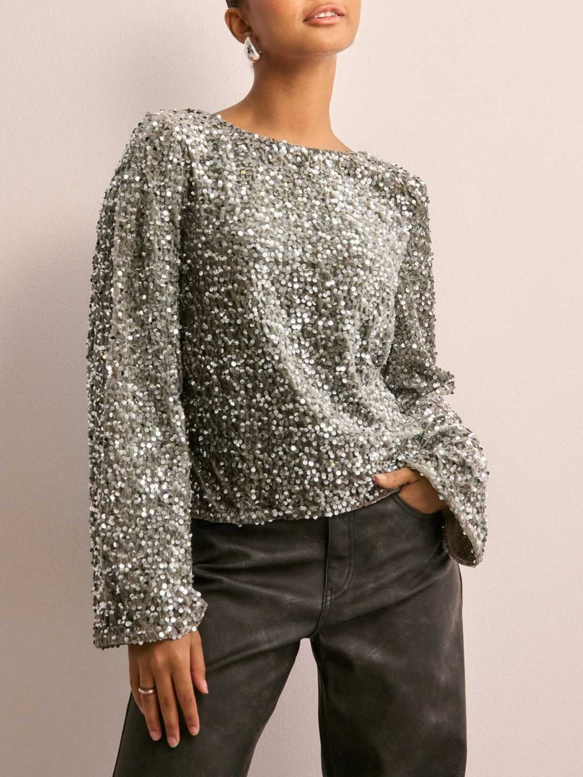 Sequin Bow Back Long Sleeve Top - Grey - 1