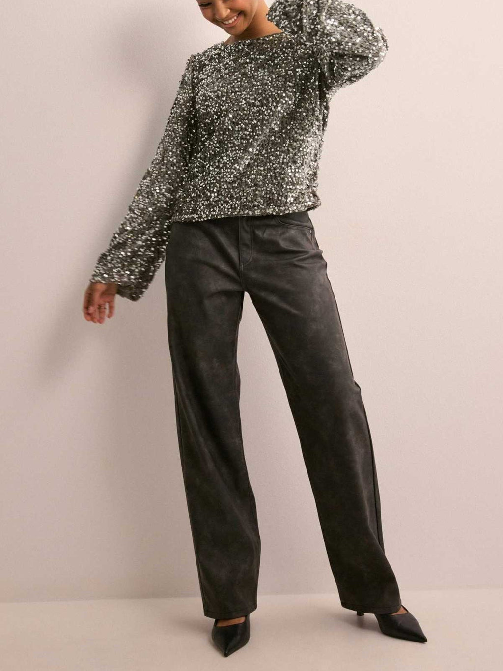 Sequin Bow Back Long Sleeve Top - Grey - 2