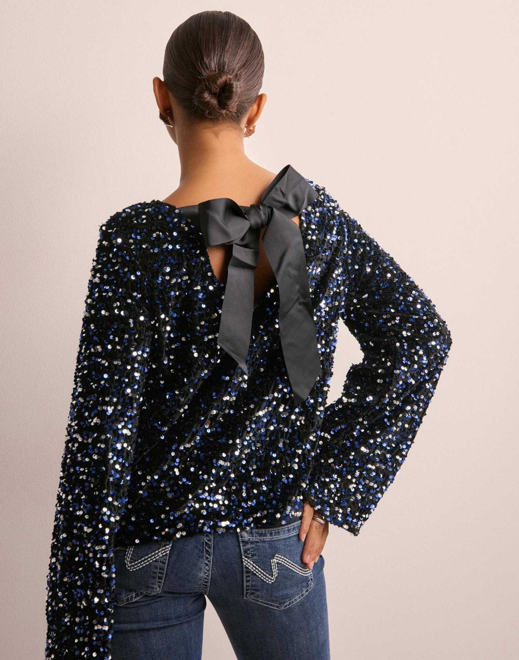 Sequin Bow Back Long Sleeve Top - Navy