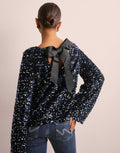 Sequin Bow Back Long Sleeve Top - Navy