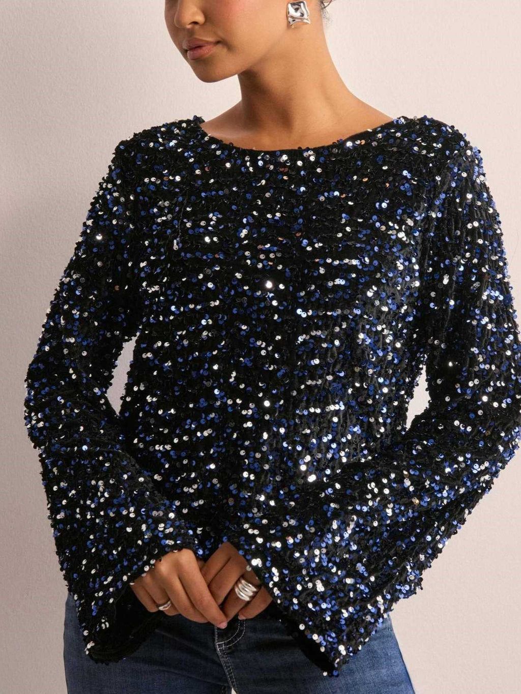Sequin Bow Back Long Sleeve Top - Navy - 2