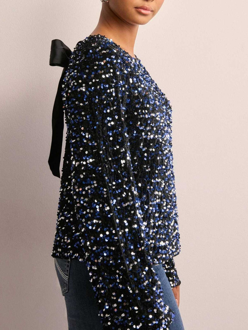 Sequin Bow Back Long Sleeve Top - Navy - 3