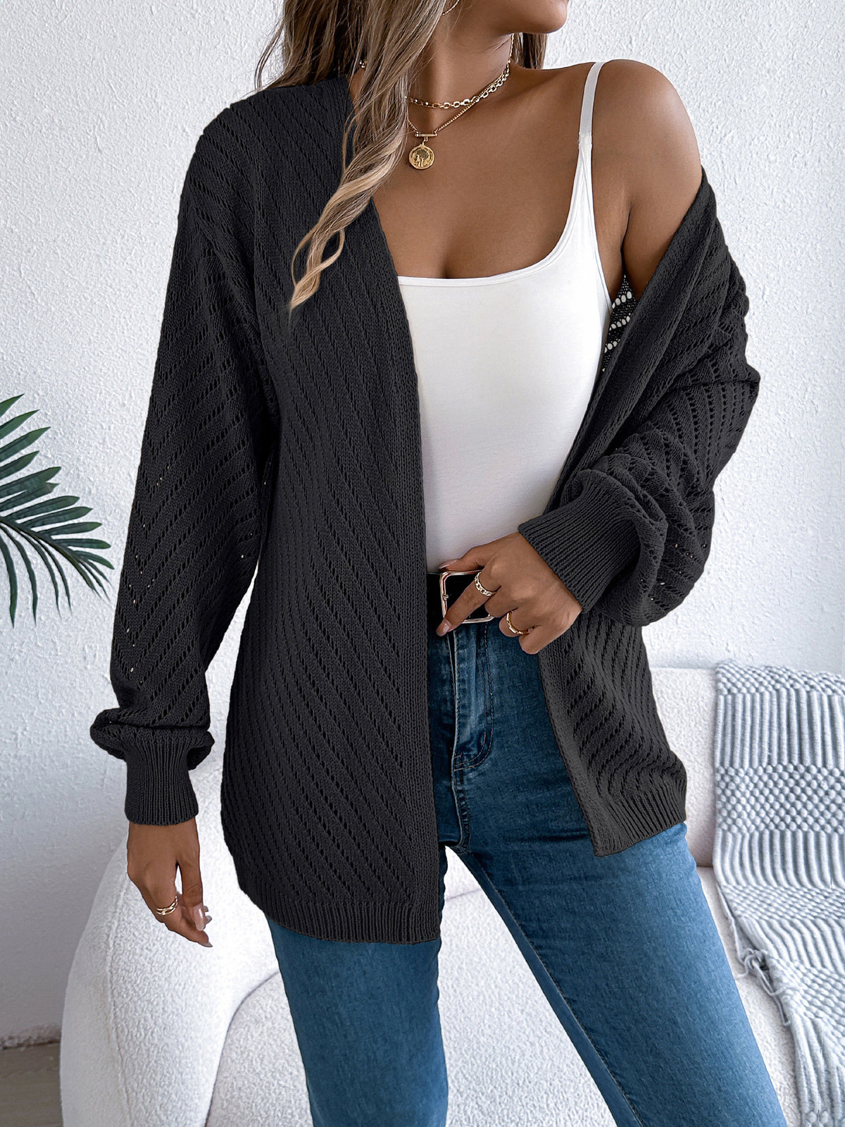 Chevron Pointelle Open Front Longline Cardigan - Black - 2
