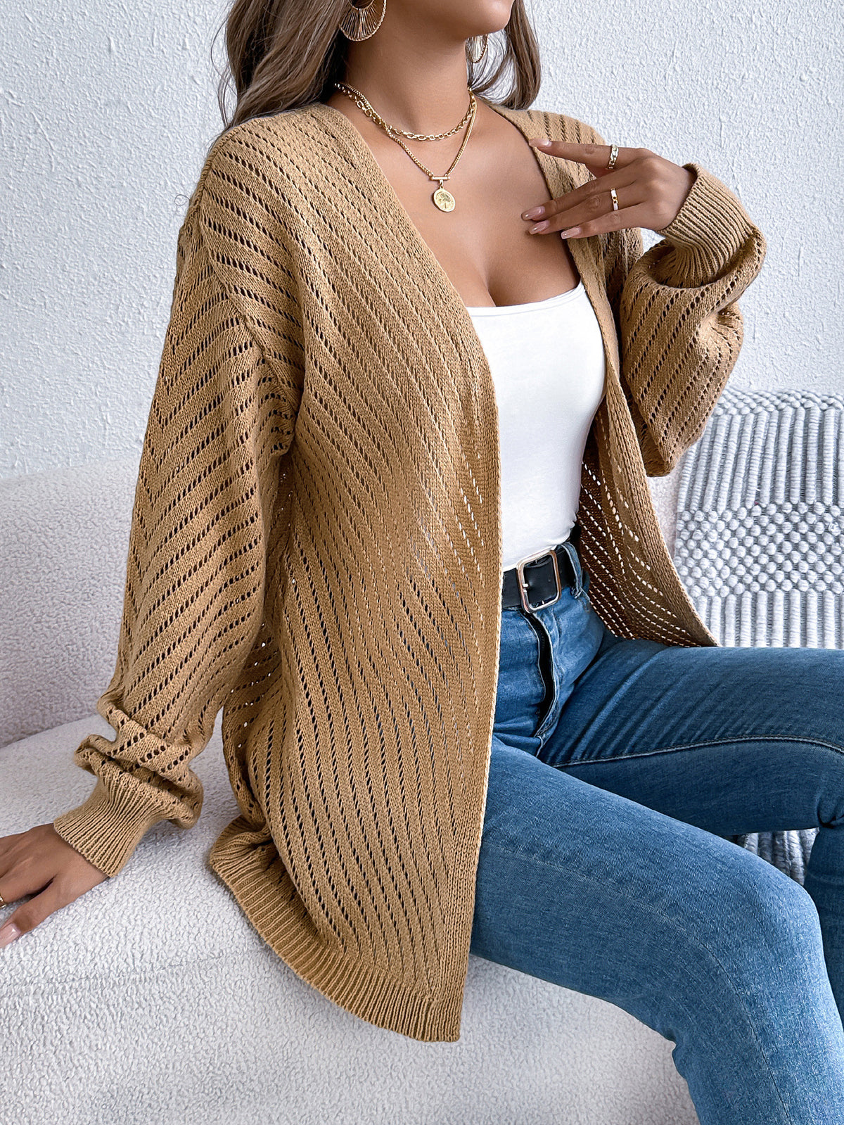 Chevron Pointelle Open Front Longline Cardigan - Khaki - 1