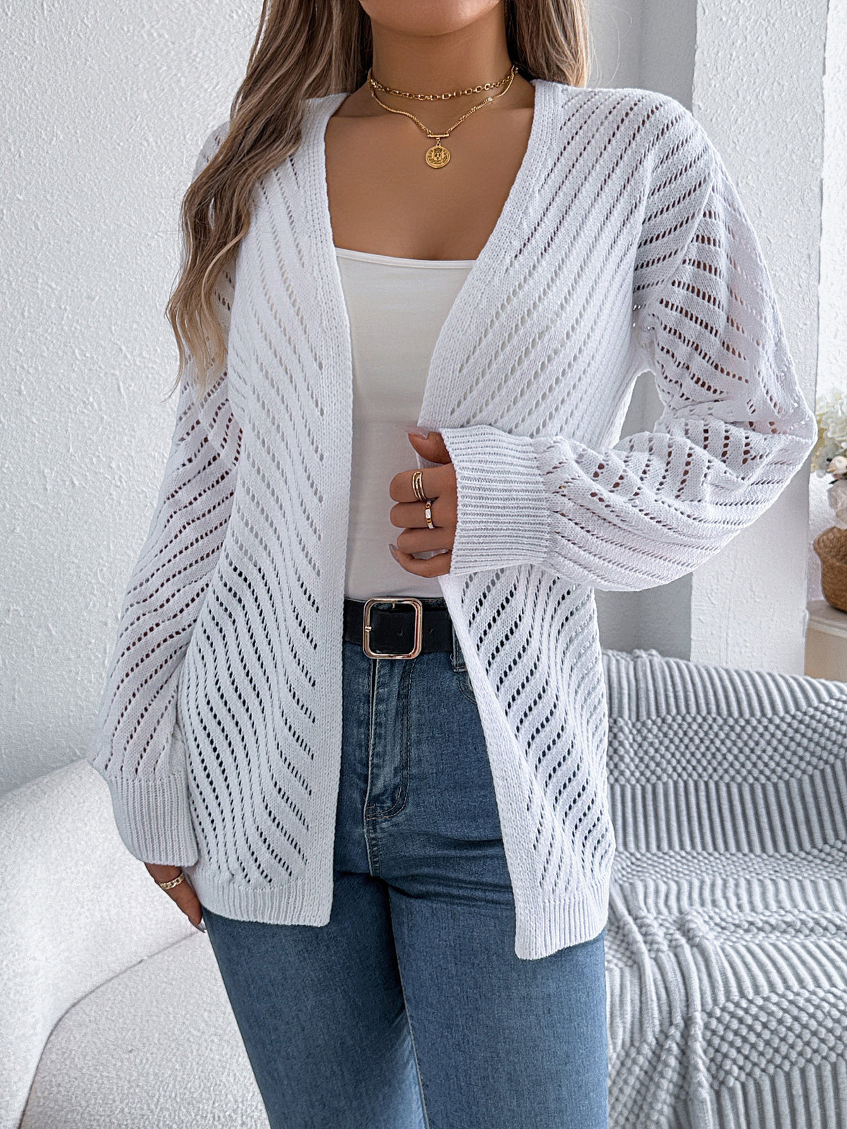 Chevron Pointelle Open Front Longline Cardigan - White